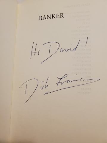 blank first page of a book on which "Hi David! Dick Francis" is handwritten